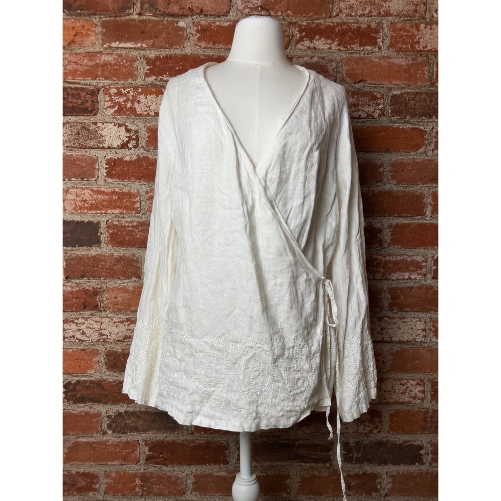 White 100% Linen Embroidered Wrap Blouse XL Long Sleeve Boho Costal Cottagecore